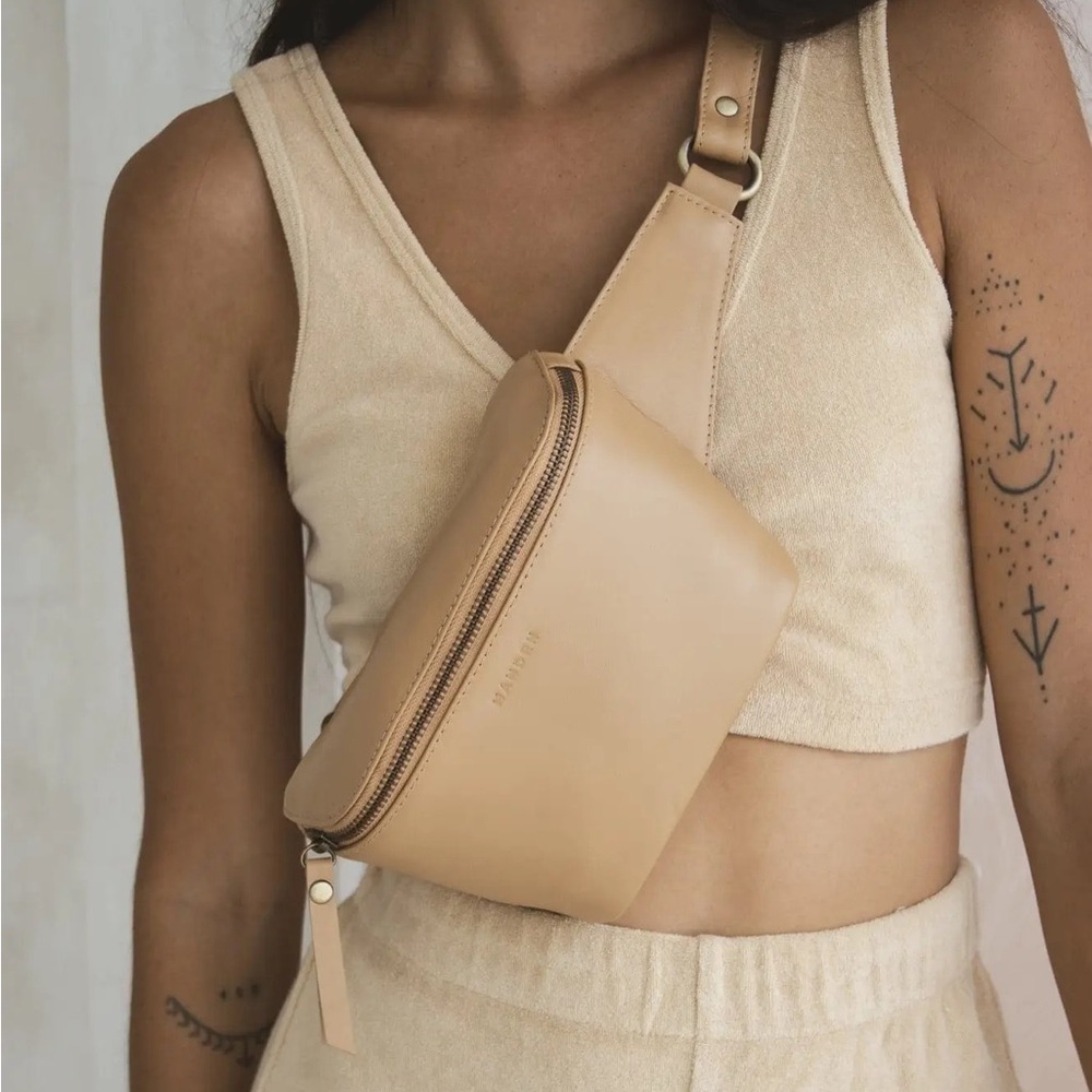 Mandrn Remy Leather Crossbody Belt Bag in Sand